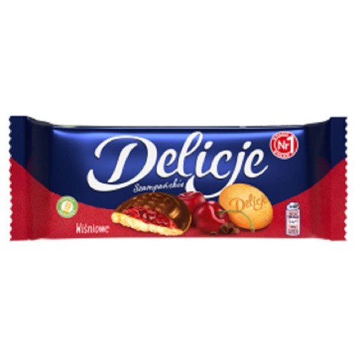 Biszkopty z galaretką wiśniową oblane czekoladą Delicje 147 g